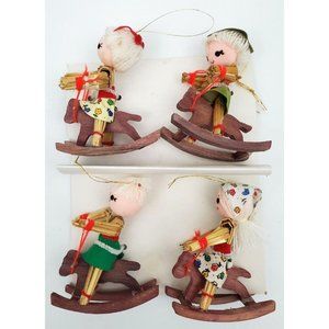 Vintage New Old Stock Christmas Wood Straw Ornaments Set Children Rocking Horse